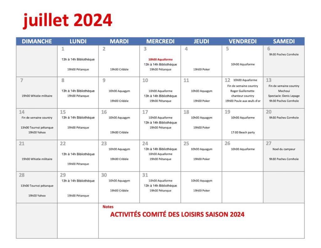 Activité juillet 2024